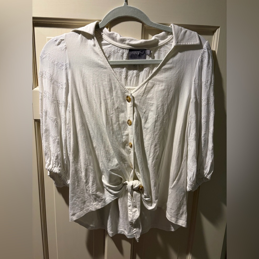 Anthropologie Women’s White Button-Front Tie Hem Top, Size XS Petite